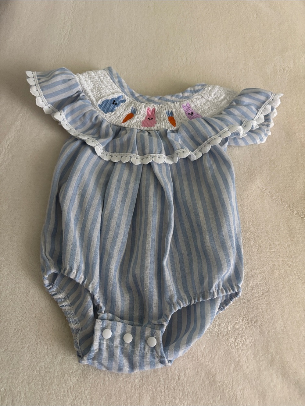 Vintage Smocked Blue & White Striped Baby Romper with Embroidered Animals.